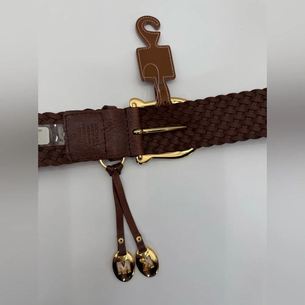 Michael Kors Brown Braided Leather Belt Gold Buckle Tassel Charm Boho Chic SZ M